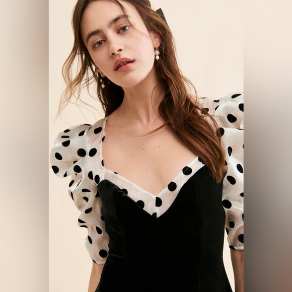 For Love & Lemons Dolly Black Velvet Polka Dot Tulle Puff Sleeve Mini Dress NWT - Picture 4 of 5